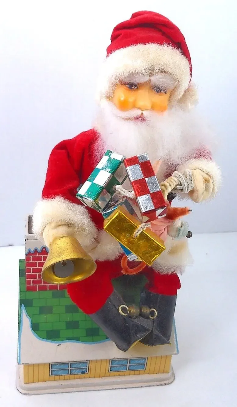 Vintage Noel Decorations 1960 Santa Rubber Face Tin Litho Toy Bank Repair